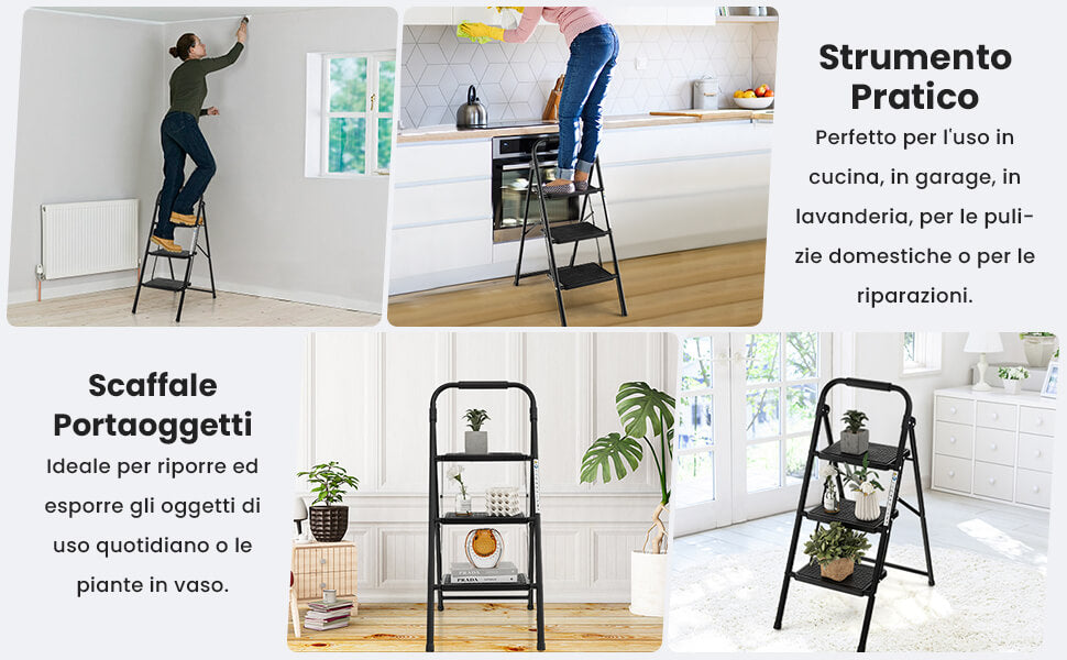 Scala a 3 gradini pieghevole con ampio pedale maniglia antiscivolo, Scala portatile in metallo carico 150kg Nera 2