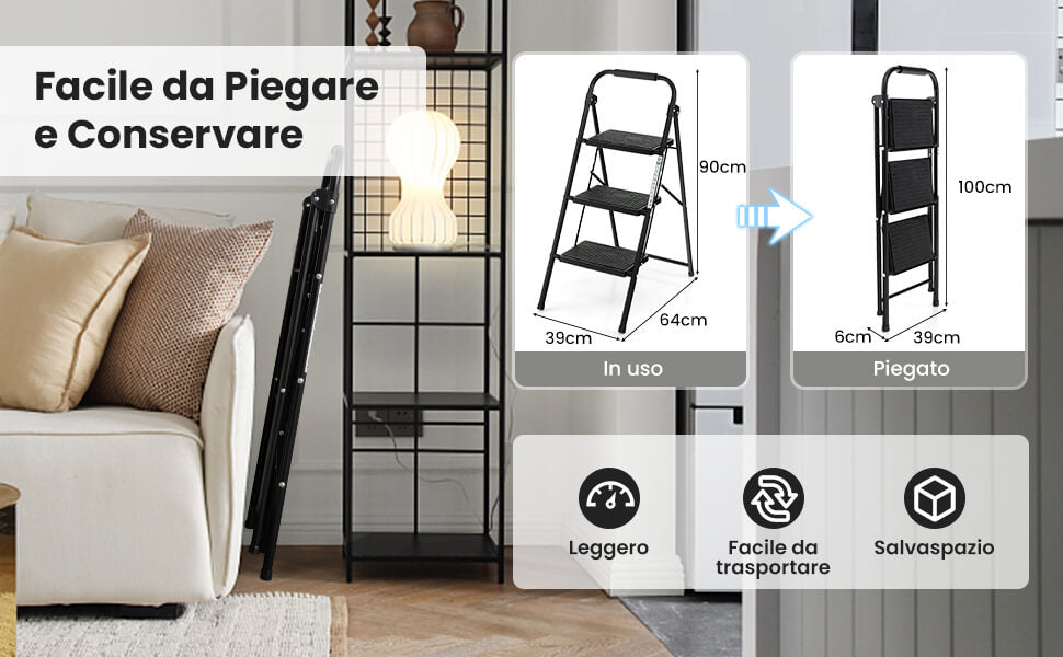Scala a 3 gradini pieghevole con ampio pedale maniglia antiscivolo, Scala portatile in metallo carico 150kg Nera 4