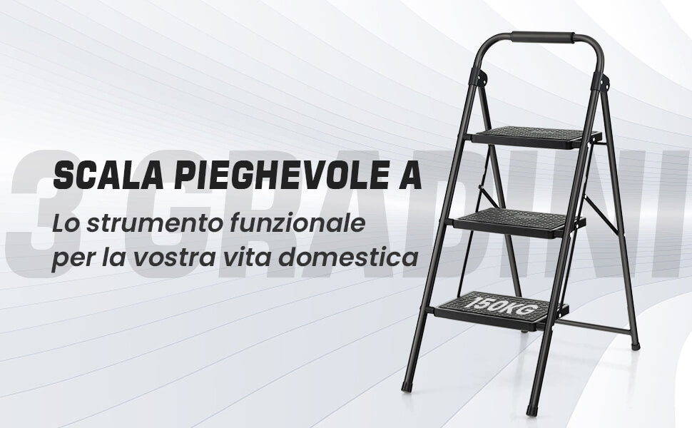 Scala a 3 gradini pieghevole con ampio pedale maniglia antiscivolo, Scala portatile in metallo carico 150kg Nera 5