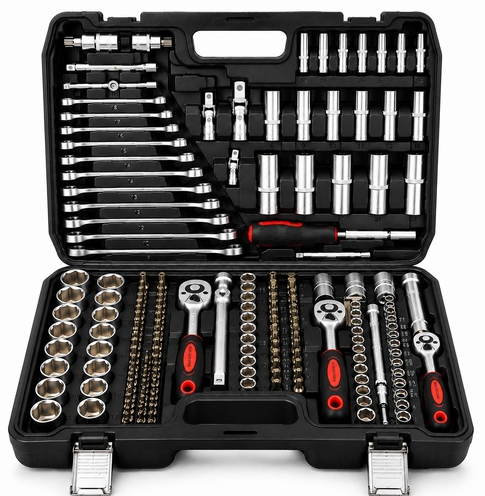 Valigetta Attrezzi 216 Pezzi Professionale – Set Completo con Bussole, Cricchetti, Chiavi, Inserti, Prolunghe e Accessori – Kit Utensili per Auto, Moto, Casa e Fai da Te