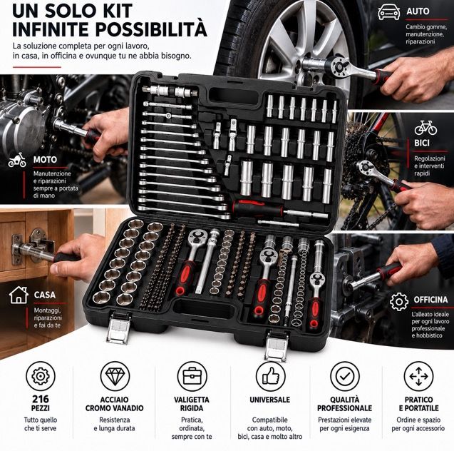 Valigetta Attrezzi 216 Pezzi Professionale – Set Completo con Bussole, Cricchetti, Chiavi, Inserti, Prolunghe e Accessori – Kit Utensili per Auto, Moto, Casa e Fai da Te