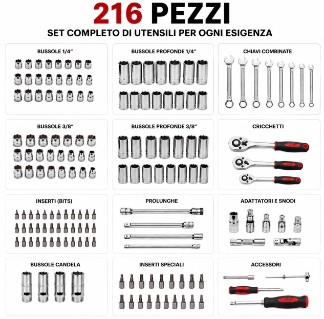 Valigetta Attrezzi 216 Pezzi Professionale – Set Completo con Bussole, Cricchetti, Chiavi, Inserti, Prolunghe e Accessori – Kit Utensili per Auto, Moto, Casa e Fai da Te 3
