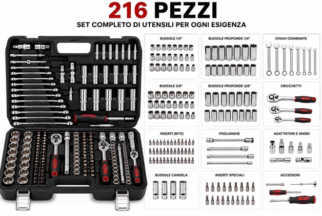 Valigetta Attrezzi 216 Pezzi Professionale – Set Completo con Bussole, Cricchetti, Chiavi, Inserti, Prolunghe e Accessori – Kit Utensili per Auto, Moto, Casa e Fai da Te 5