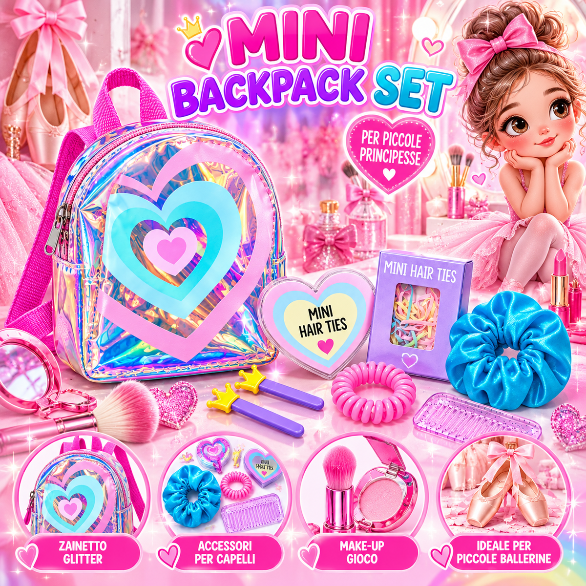 Mini Backpack Set Bambina – Zainetto Glitter + Accessori Capelli 5