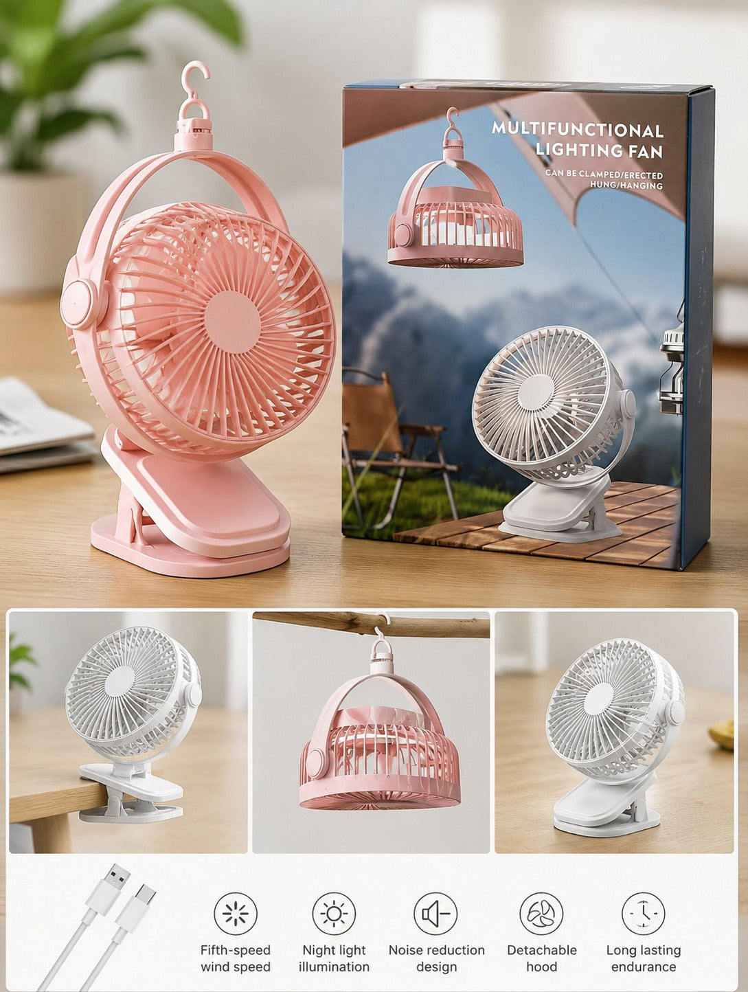 Ventilatore Portatile Multifunzione con Luce LED