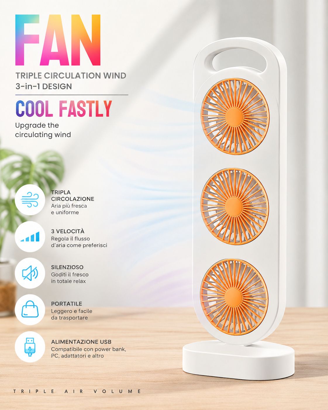 Ventilatore Portatile 3 in 1 a Tripla Ventola