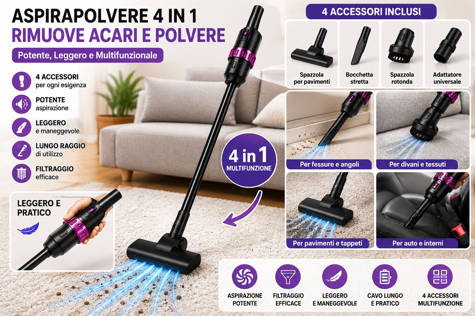 Aspiratore Portatile 4 in 1 con Accessori Inclusi 1