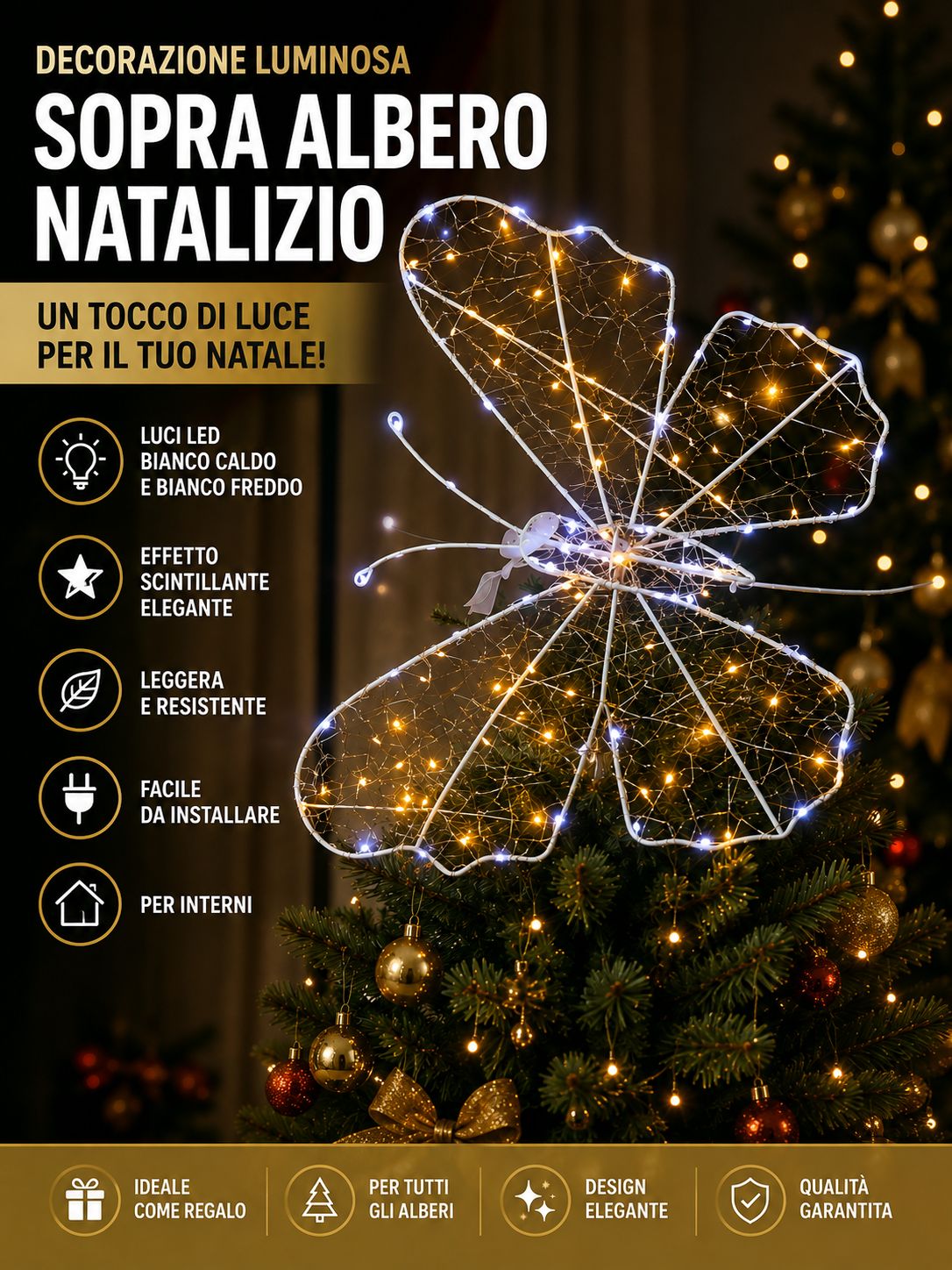 Decorazioni Farfalla Luminose LED per Albero di Natale 43×40 cm, Bianco Caldo e Freddo – Set da 3, 5 o 10 Pezzi 2