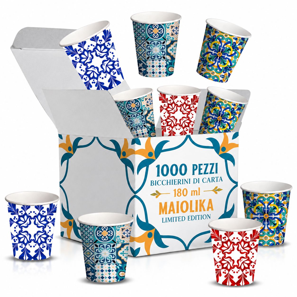 1000 Bicchieri Carta 180ml Fantasia Maiolica Stampata | Monouso Resistenti