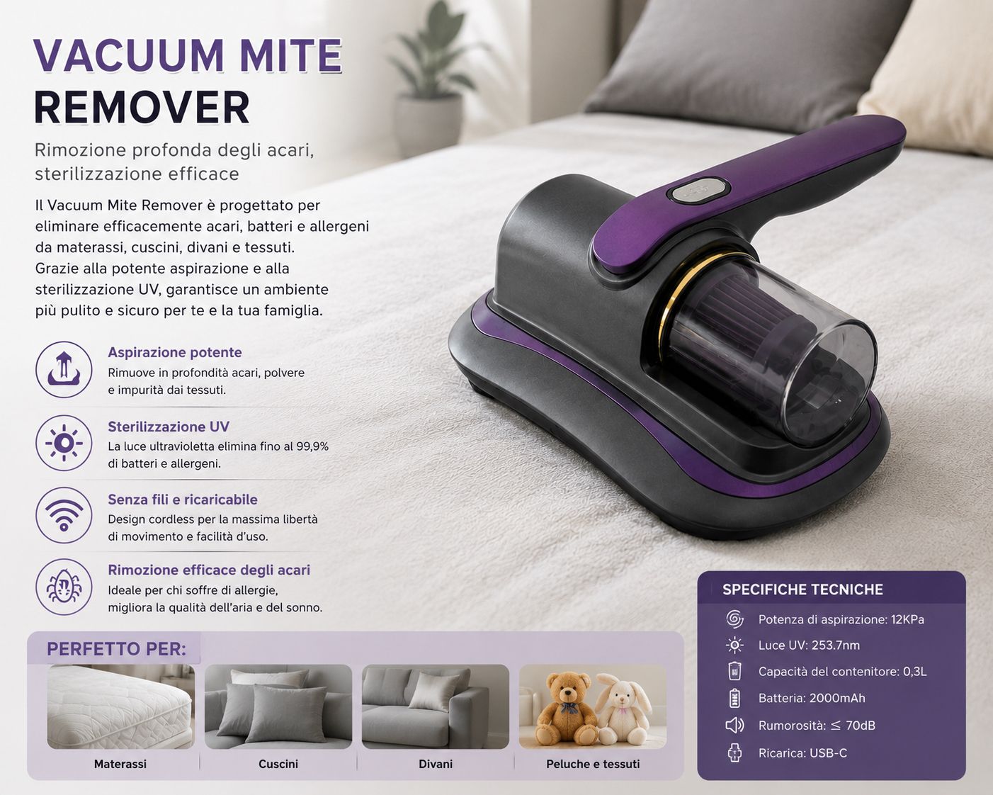 Aspiratore Anti-acaro UV Portatile per Materassi e Divani 4