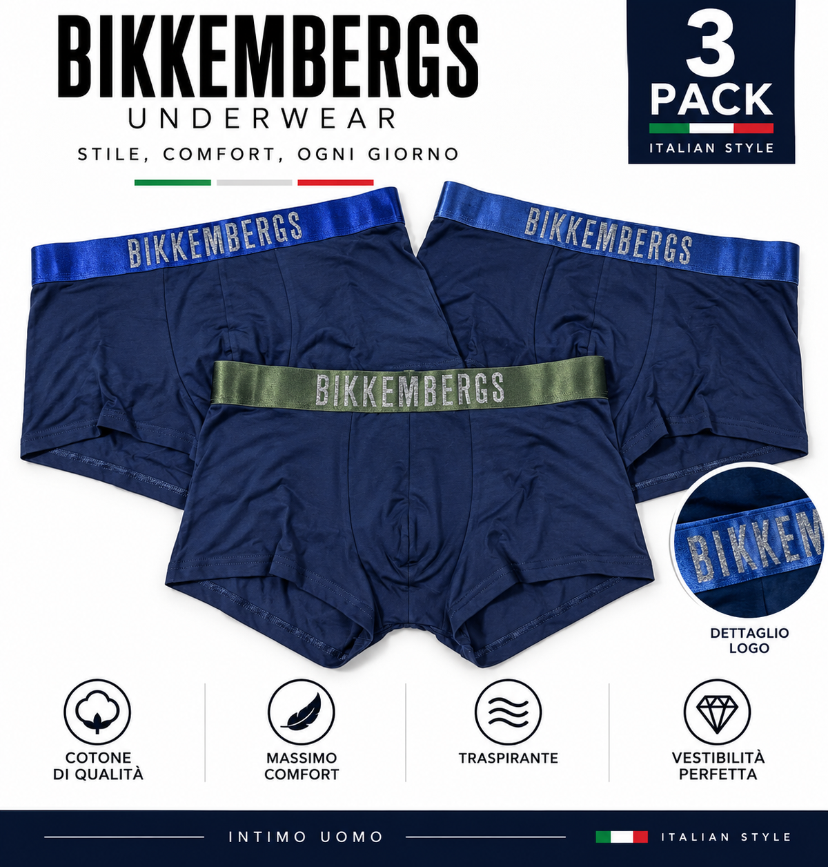 Boxer Uomo Bikkembergs 3 Pack – Intimo Uomo in Cotone – Blu con Elastico Logo – Comfort e Vestibilità 1