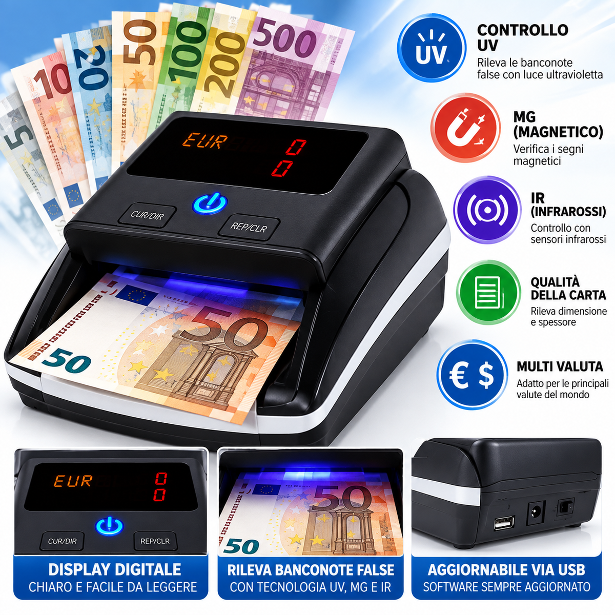 Rilevatore Banconote Professionale Wireless Contabanconote Multivaluta con Controllo UV MG IR 1