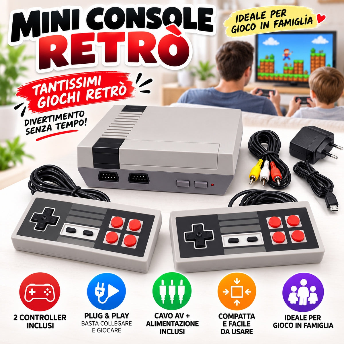 Mini Console Retrò Plug & Play con 2 Controller – Giochi Classici Preinstallati, Collegamento TV AV, Compatta e Ideale per Gioco in Famiglia 1