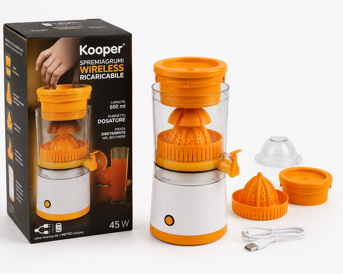 Kooper Spremiagrumi Elettrico Wireless Ricaricabile 45W, 600 ml, con Rubinetto Dosatore, Erogazione Diretta nel Bicchiere e Cavo USB Incluso 4