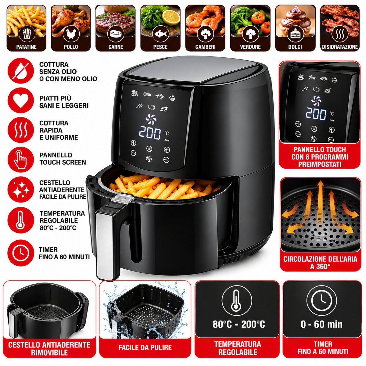 Friggitrice ad Aria Healthy Fryer – Cottura Sana e Croccante 5 lt