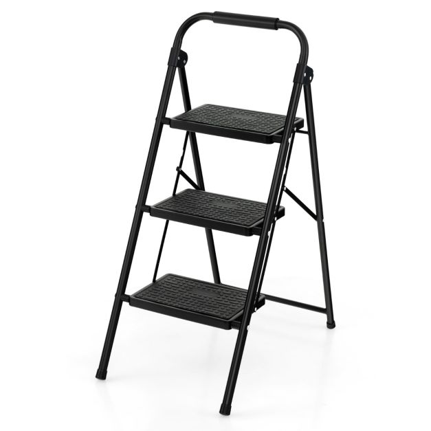 Scala a 3 gradini pieghevole con ampio pedale maniglia antiscivolo, Scala portatile in metallo carico 150kg Nera 1