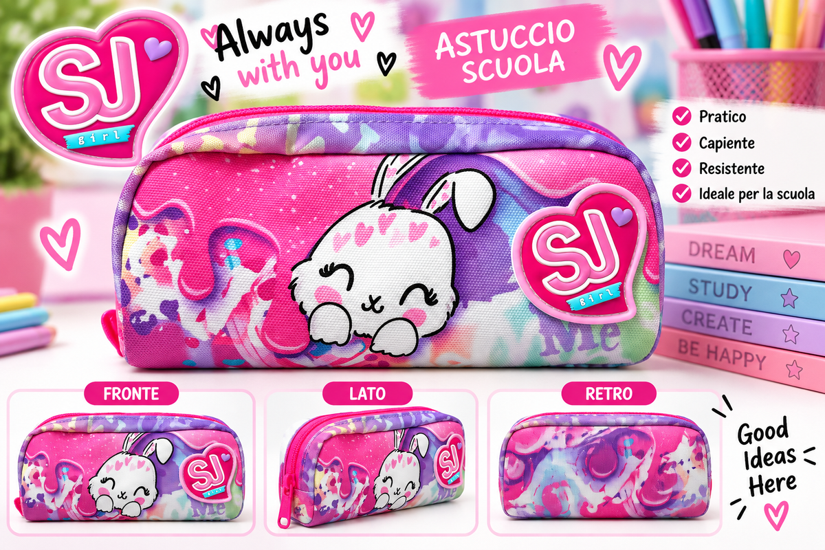 Astuccio Scuola SJ Girl con Coniglietto – Portapenne Bambina Rosa e Viola