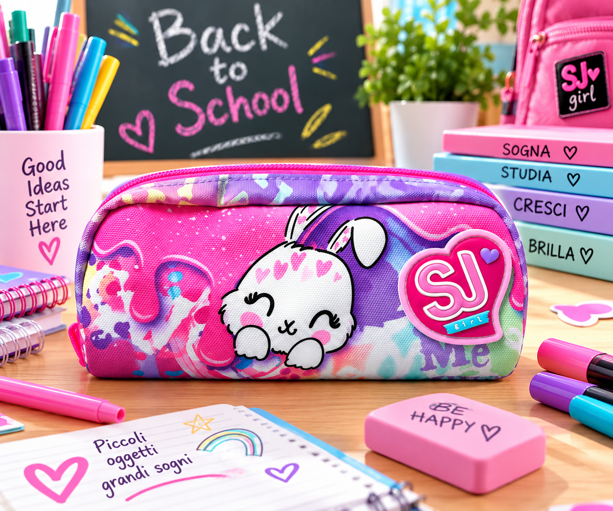 Astuccio Scuola SJ Girl con Coniglietto – Portapenne Bambina Rosa e Viola