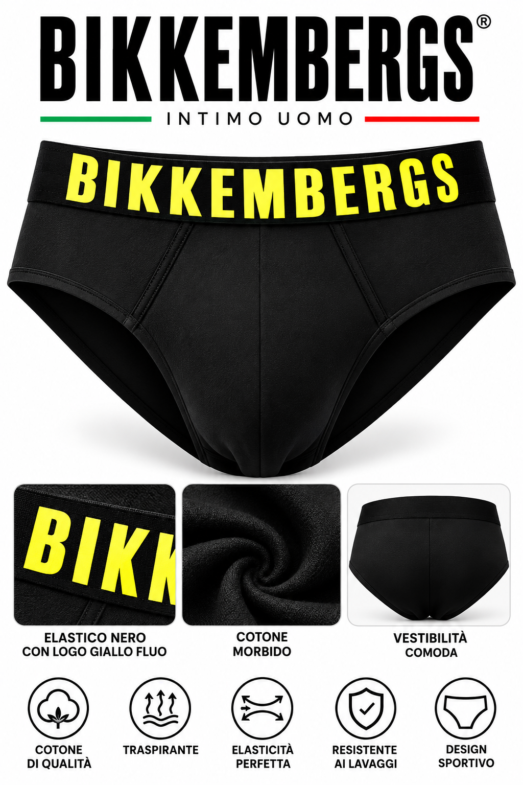 3 Slip Uomo Bikkembergs Neri – Elastico Nero con Logo Fluo Giallo, Rosa e Verde 5