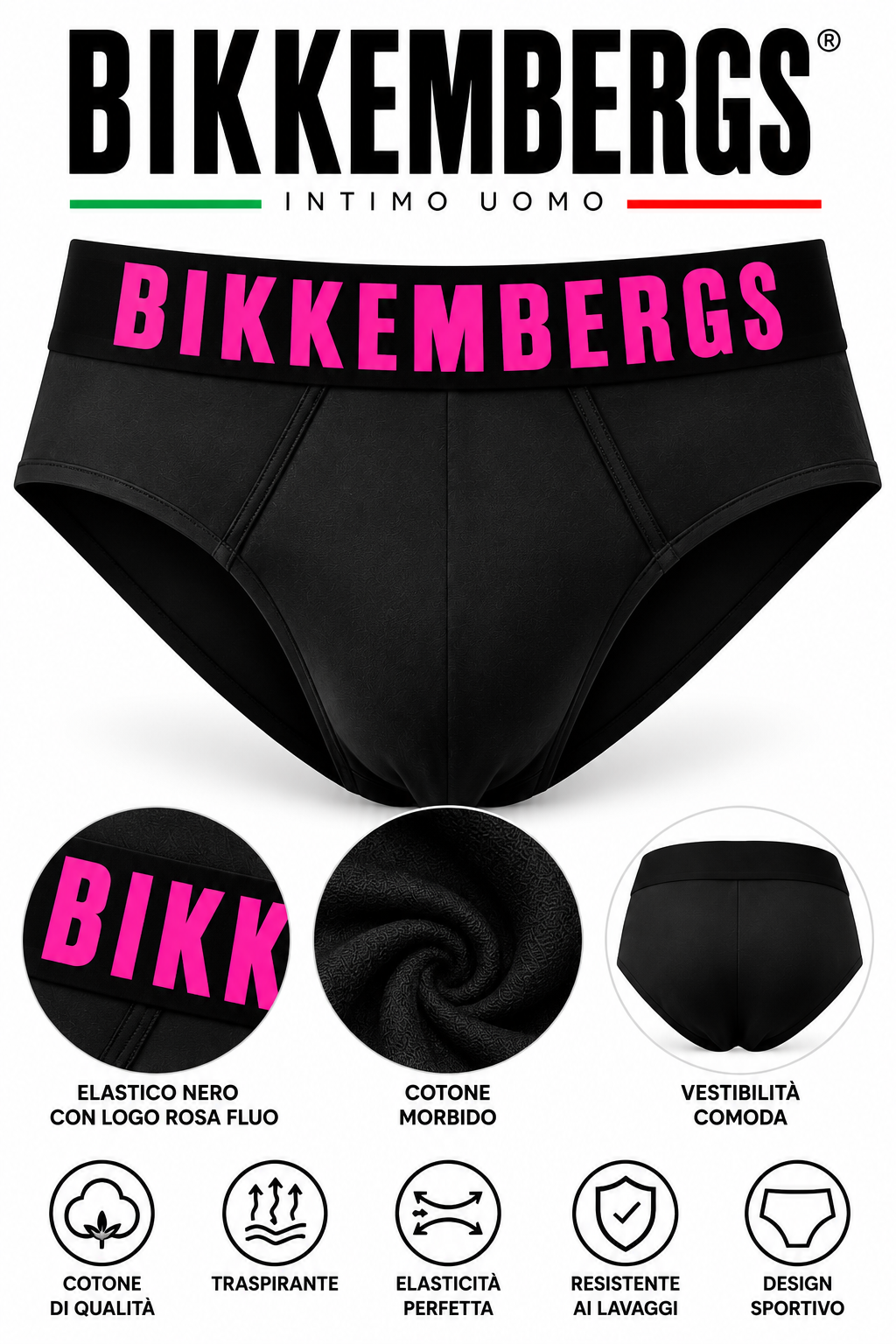3 Slip Uomo Bikkembergs Neri – Elastico Nero con Logo Fluo Giallo, Rosa e Verde 4