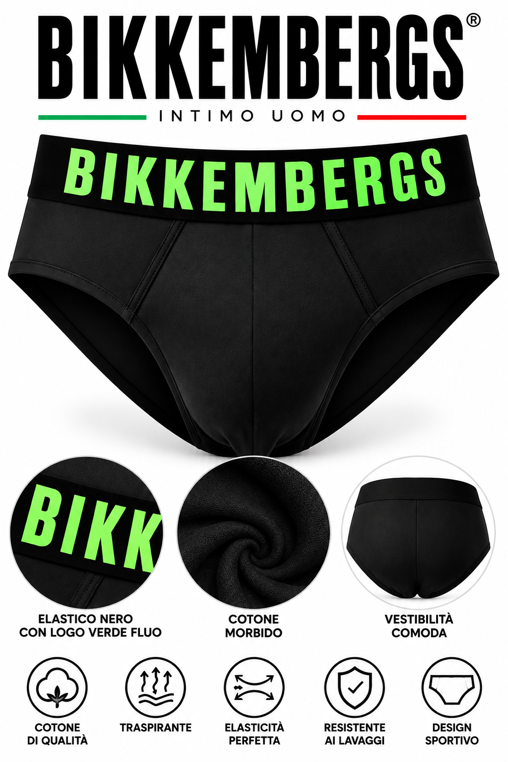 3 Slip Uomo Bikkembergs Neri – Elastico Nero con Logo Fluo Giallo, Rosa e Verde 3