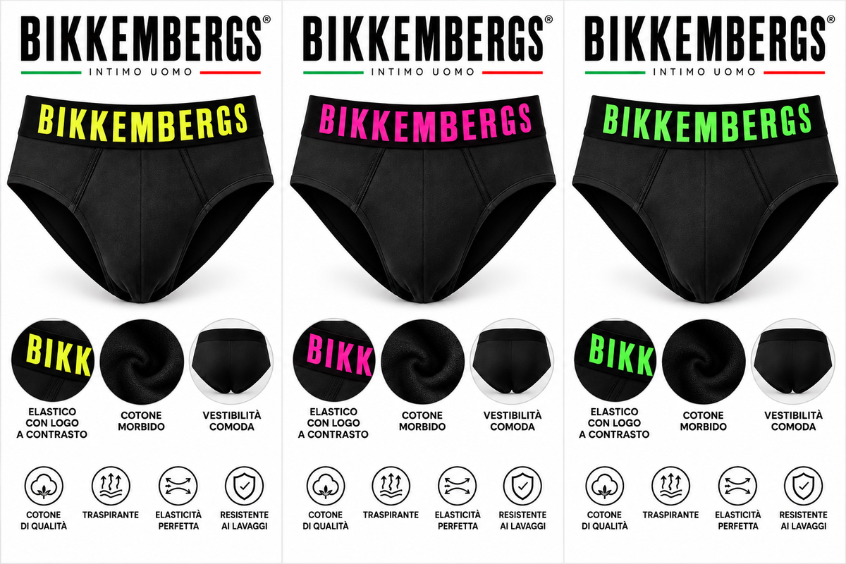 3 Slip Uomo Bikkembergs Neri – Elastico Nero con Logo Fluo Giallo, Rosa e Verde 2