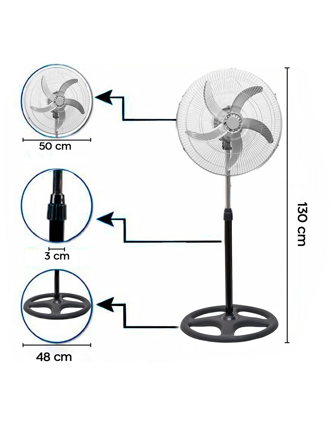 Ventilatore 3 in 1 Piantana da Tavolo e Parete 50W 5 Pale in Metallo Oscillante suprema 3